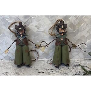 Tin Western Cowboys Ornaments Pair Pull String Lever Action Hand Painted 6 Inch
